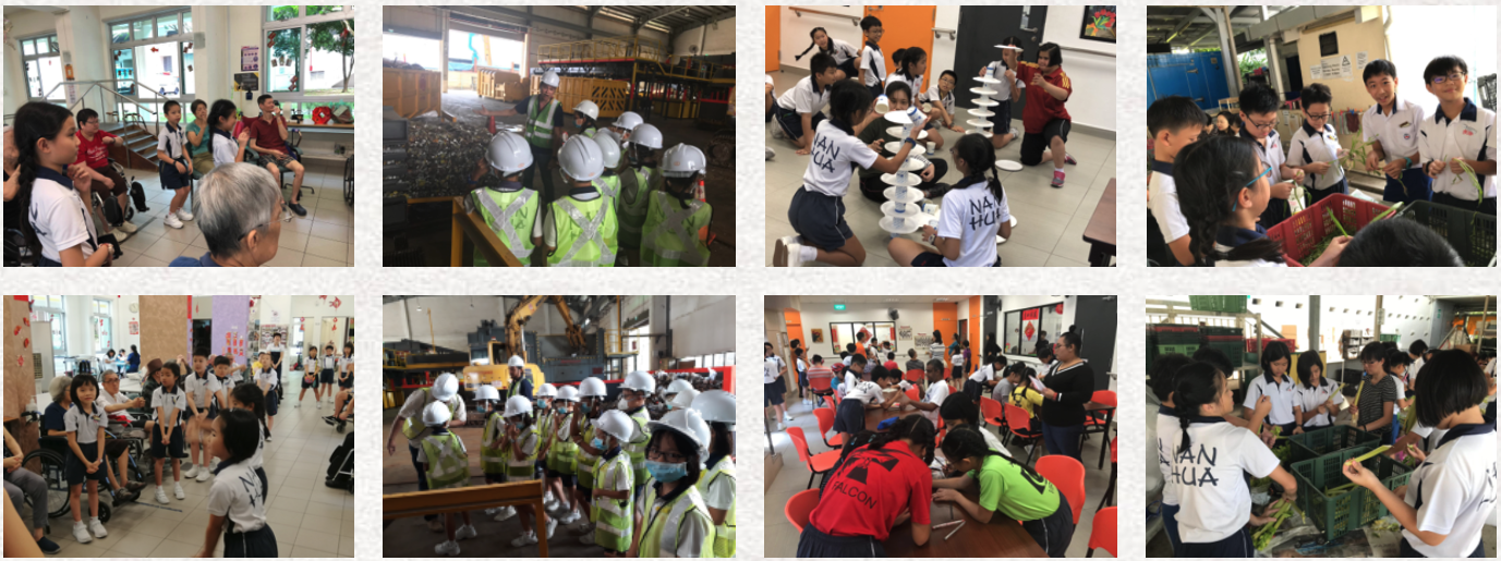 Eight photos of school students doing activities: visiting a facility in safety vests, stacking plates, and handling plants.